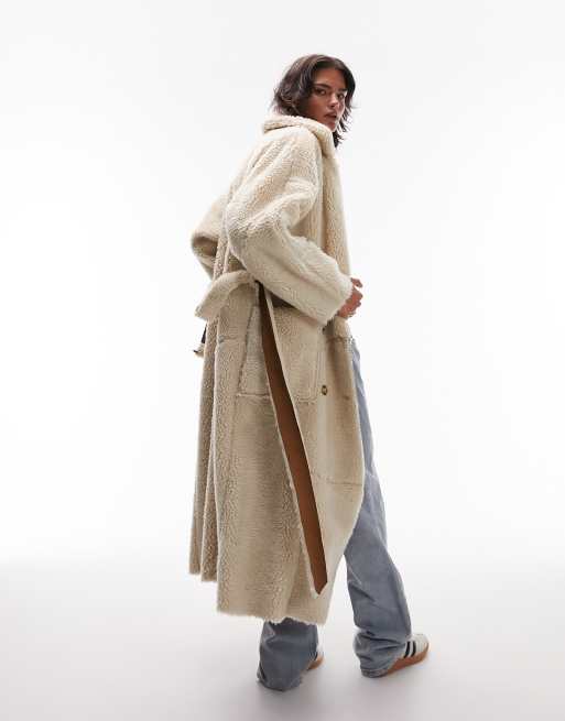 Topshop faux shearling longline coat in tan and cream