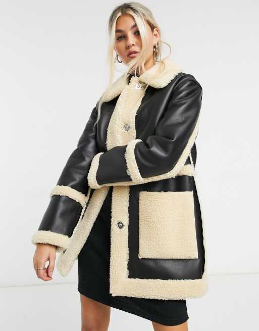 Topshop reversible sherpa shirt jacket in black and cream | ASOS