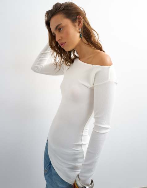 Topshop rib asymmetric off the shoulder long sleeve top in ecru - view 1