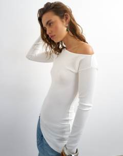Rib asymmetric off the shoulder long sleeve top in ecru