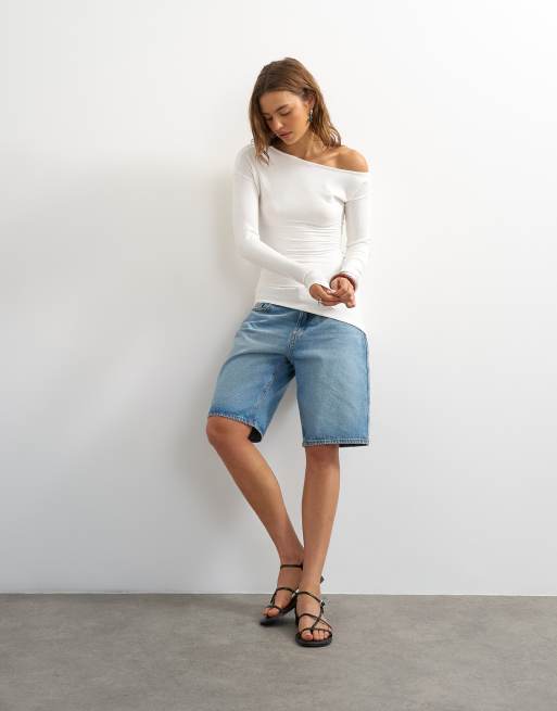 Topshop rib asymmetric off the shoulder long sleeve top in ecru, 2 of 4