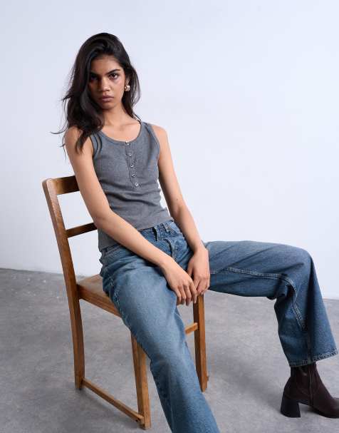 Topshop rib button down singlet in charcoal grey - view 1