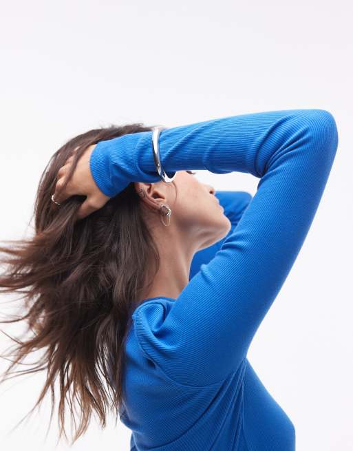 Topshop rib curve hem long sleeve tee in cobalt, 2 of 4
