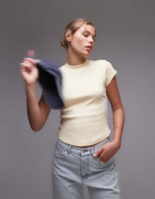 Topshop rib curved hem fitted tee in lemon