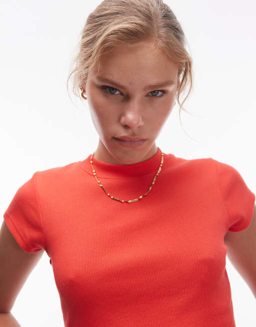 Topshop rib curved hem fitted tee in red