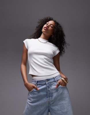 Topshop rib curved hem fitted tee in white