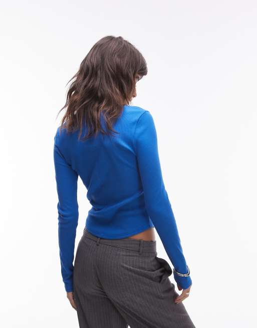 Topshop rib curved hem long sleeve tee in cobalt, 4 of 4