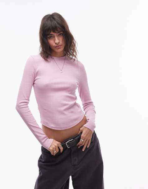 Topshop rib curved hem long sleeve tee in pink - view 1