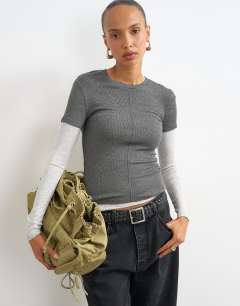 Rib double layered long sleeve top in grey