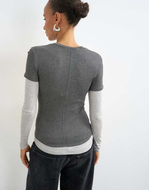 Topshop rib double layered long sleeve top in grey, 2 of 4