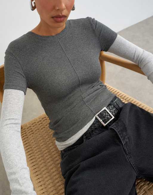 Topshop rib double layered long sleeve top in grey, 3 of 4