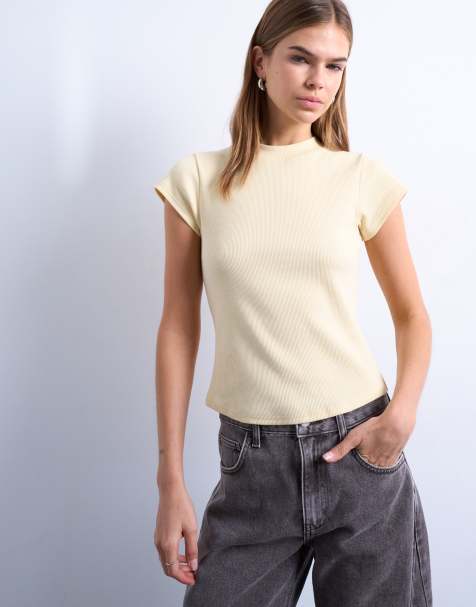 Topshop rib fitted curve hem tee in buttermilk - view 1