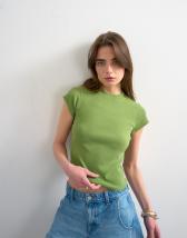 Topshop rib fitted curve hem tee in green