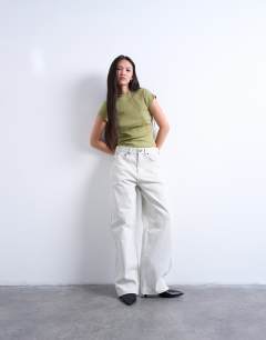 Model wearing Rib fitted curve hem tee in light khaki