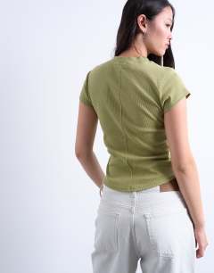 Model wearing Rib fitted curve hem tee in light khaki