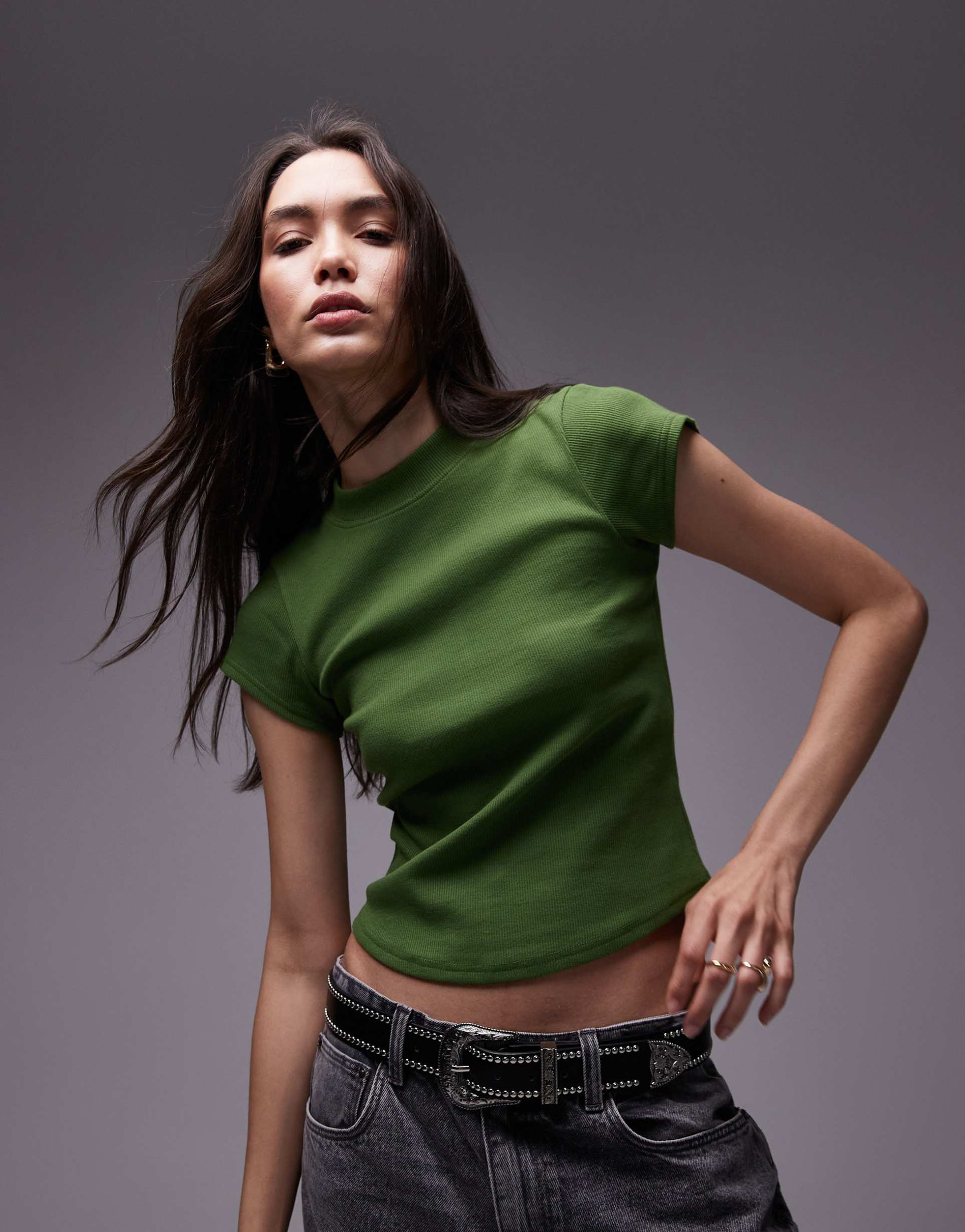 topshop rib fitted curve hem tee in olive green