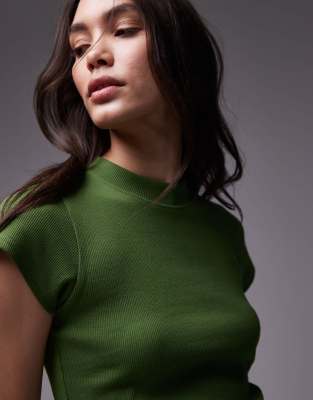 Topshop rib fitted curve hem tee in olive green
