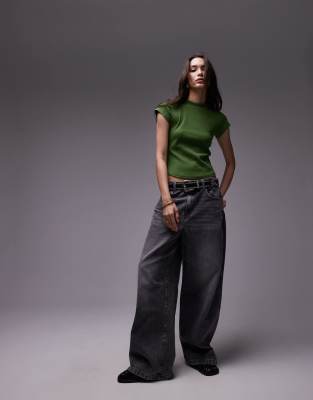 Topshop rib fitted curve hem tee in olive green