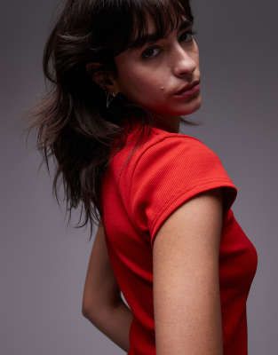 Topshop rib fitted curve hem tee in rust red