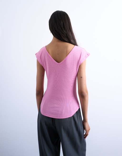 Topshop rib fitted v-neck cap sleeve tank in pink, 4 of 4