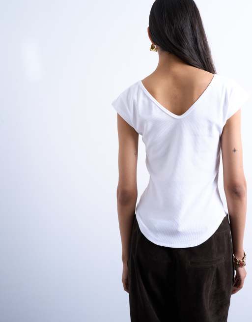 Topshop rib fitted V-neck curved hem tee in white