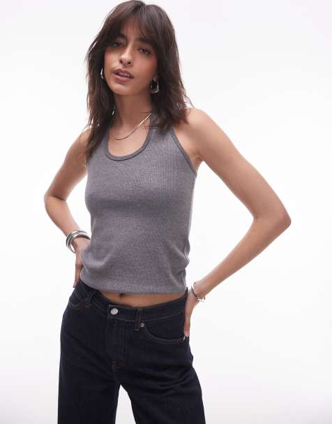Topshop rib halter top  in grey marl - view 1