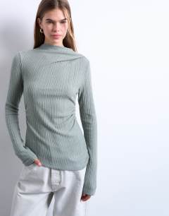 Rib high neck long sleeve top in beige