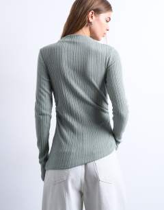 Model wearing Rib high neck long sleeve top in beige