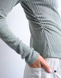 Model wearing Rib high neck long sleeve top in sage green
