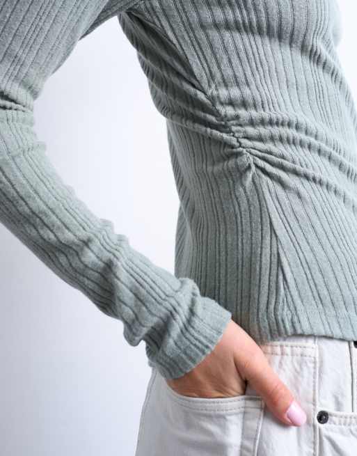 Topshop rib high neck long sleeve top in sage green, 4 of 4