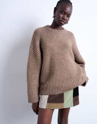 Topshop Rib Knit Balloon Sleeve Sweater In Brown