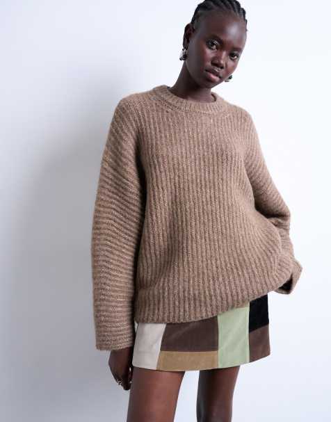 Topshop rib knit balloon sleeve sweater in brown - view 1
