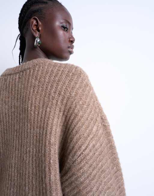 Topshop rib knit balloon sleeve sweater in brown | ASOS