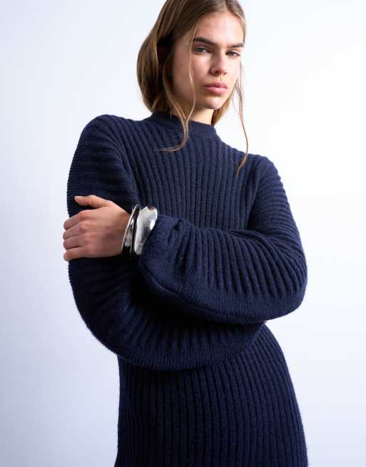 Topshop knitted cocoon ribbed dress in navy