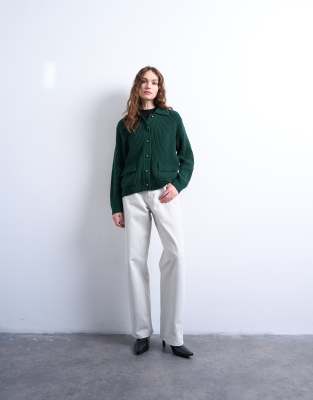 Topshop Rib Knit Double Pocket Jacket In Green