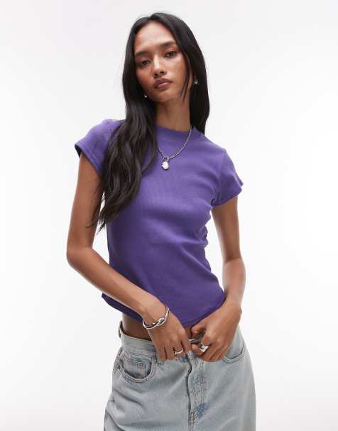 Topshop rib knit fitted curved hem tee in purple - view 1