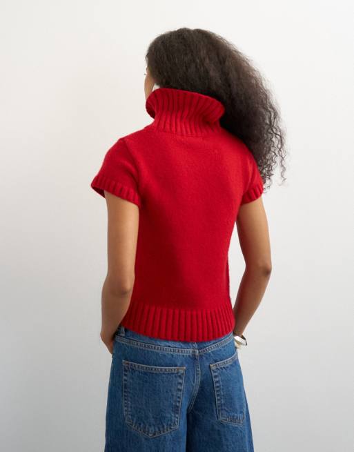 Topshop rib knit funnel neck chunky short sleeve top in red, 4 of 4