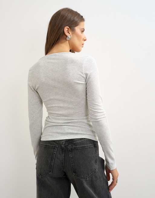 Topshop rib knit henley v-neck long sleeve top in light gray, 4 of 4