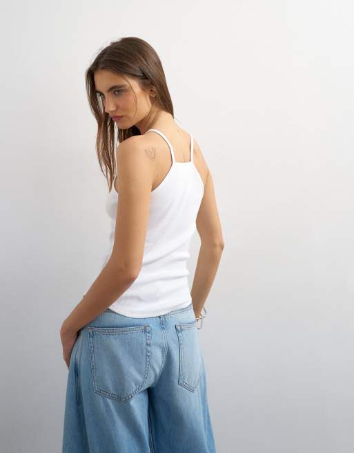 Topshop rib knit spaghetti strap curved hem tank top in white, 2 of 4