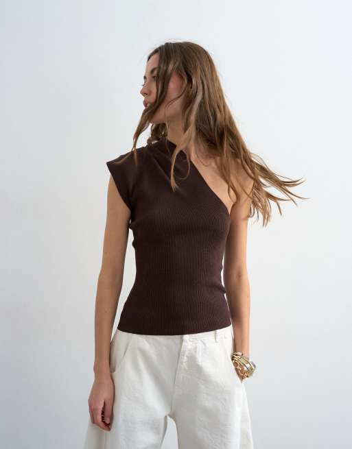 Topshop rib knit wrap scarf top in chocolate, 3 of 4