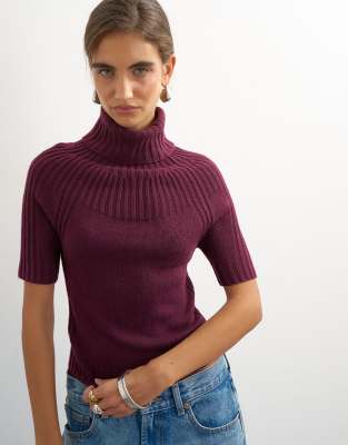 Topshop Rib Knit Yoke Funnel Neck Top In Purple