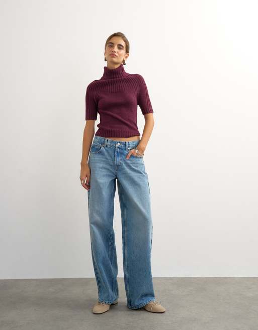Topshop rib knit yoke funnel neck top in mulberry, 2 of 4