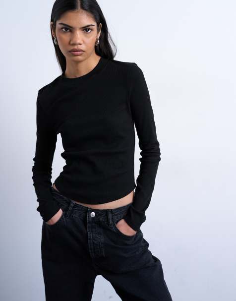 Topshop rib long sleeve curved hem top in black - view 1