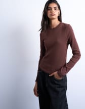 Topshop rib long sleeve curved hem top in chocolate brown