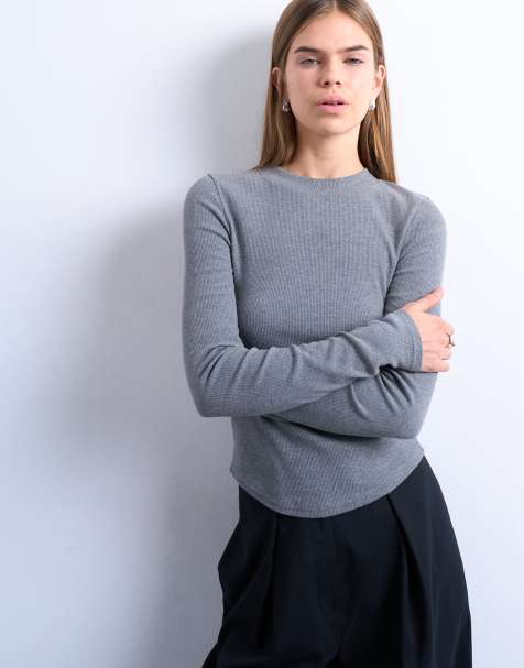 Topshop rib long sleeve curved hem top in grey marl