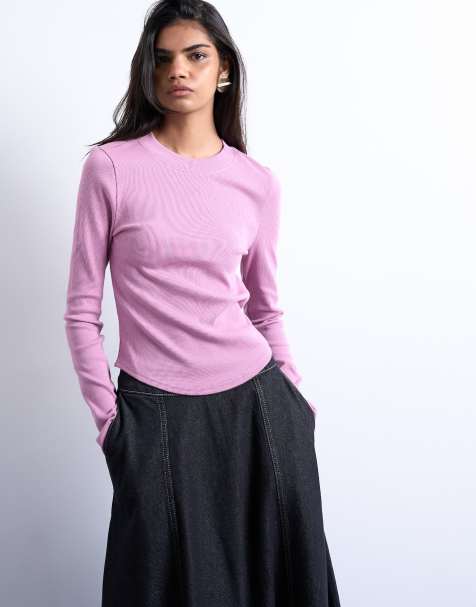 Topshop rib long sleeve curved hem top in pink - view 1