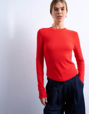 Topshop Women's Red Rib Long Sleeve Curved Hem Top In