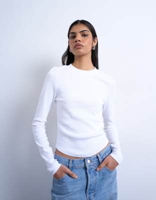 Topshop Women's White Rib Long Sleeve Curved Hem Top In
