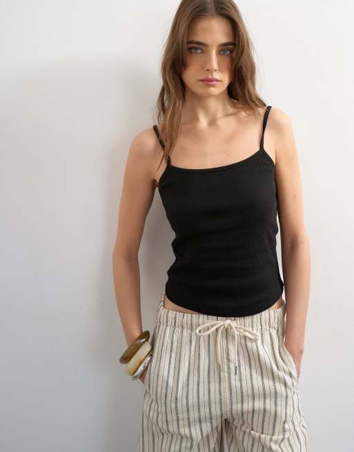 Topshop rib micro curve hem strappy vest in black, 4 of 4