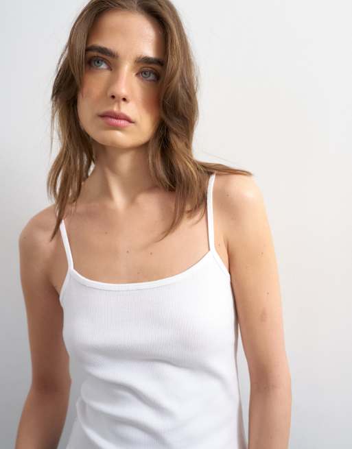 Topshop rib micro curve hem strappy vest in white, 3 of 4